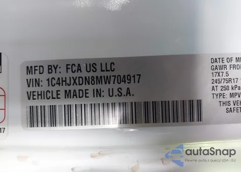 2021 Jeep Wrangler Unlimited Sport S 4X4 z USA, uszkodzony, nr VIN 1C4HJXDN8MW704917